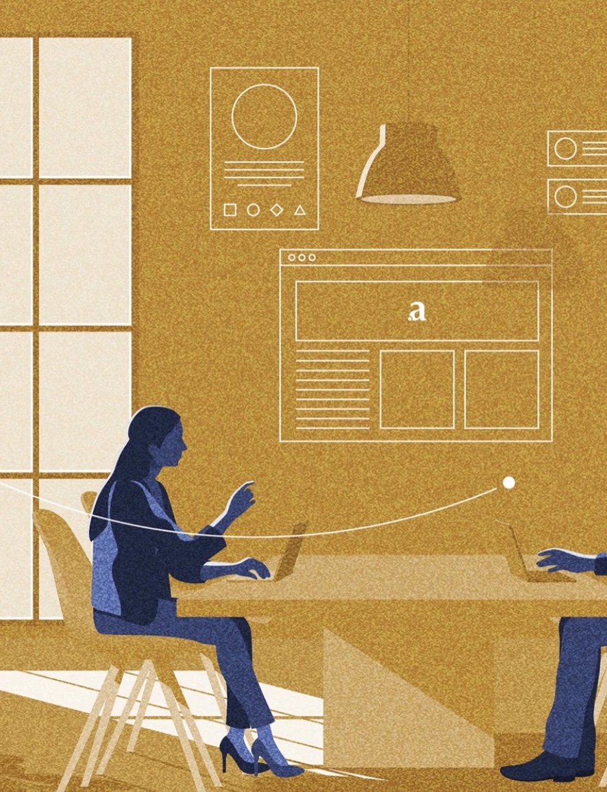 Arianee explainer illustration: a woman at a meeting table on ochre, with floating interface panels and the Arianee mark