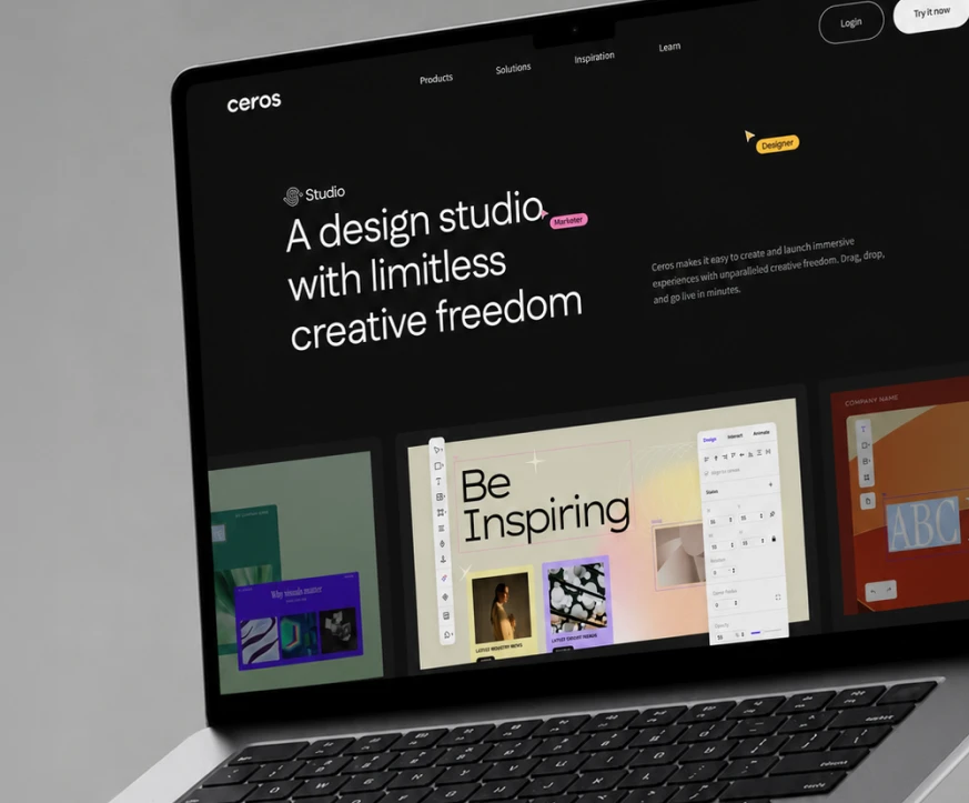 Rebranded Ceros Studio homepage on a laptop: A design studio with limitless creative freedom