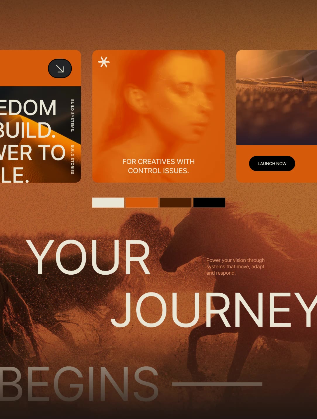 Ceros Flex launch campaign: orange cards, palette and Your Journey Begins over running horses